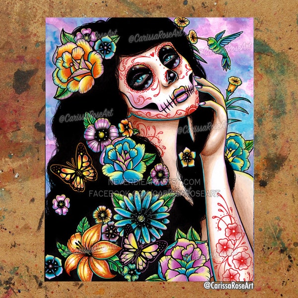 Gardenia | Poster | Tapestry | Metal Print | Colorful Day of the Dead Sugar Skull Girl With Tattoo Art Flowers