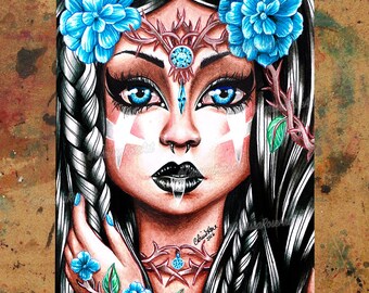 Art Print | Fairy | Woodland Fairy Princess Warrior Girl With Big Eyes and Flowers | Signed Fantasy Art | 5x7, 8x10, 10.5x13.8, 11x17 Inches