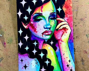 ORIGINAL 5x7 inch Painting | OOAK | Watercolors and Gouache | Colorful Pop Art Rainbow Splatter Sparkle Stars Girl