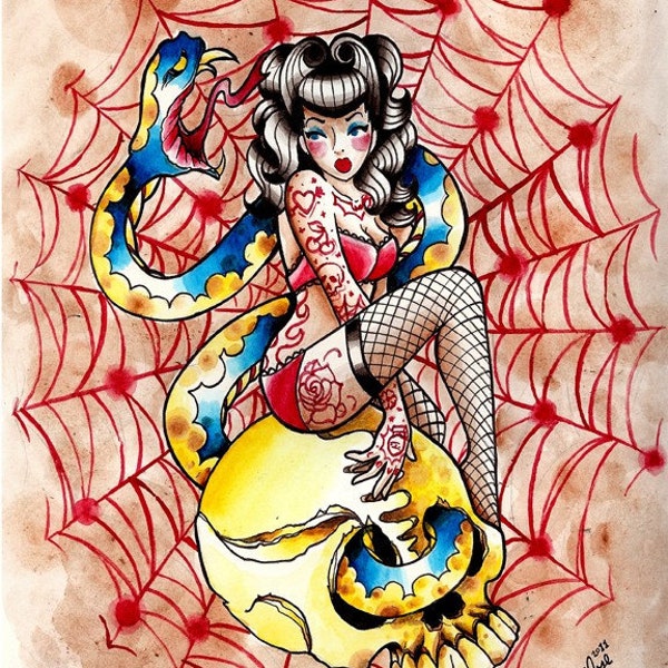 CLEARANCE HALF OFF - Traditional Style Pin Up Girl Tattoo Flash Death Becomes Her Art Print By Carissa Rose 8x10