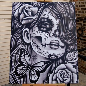 16x20 in Stretched Canvas Print | "Epiphany" | Dia De Los Muertos Tattoo Flash Day of the Dead Sugar Skull Girl | Black and White Decor