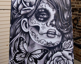 16x20 in Stretched Canvas Print | "Epiphany" | Dia De Los Muertos Tattoo Flash Day of the Dead Sugar Skull Girl | Black and White Decor