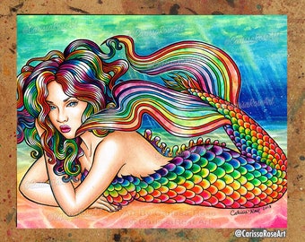 Art Print | Mermaid 2 | 5x7, 8x10, 10.5x13.8, or 11x17 Inch | Colorful Rainbow Tattoo Mermaid Pin Up Girl Watercolor Painting