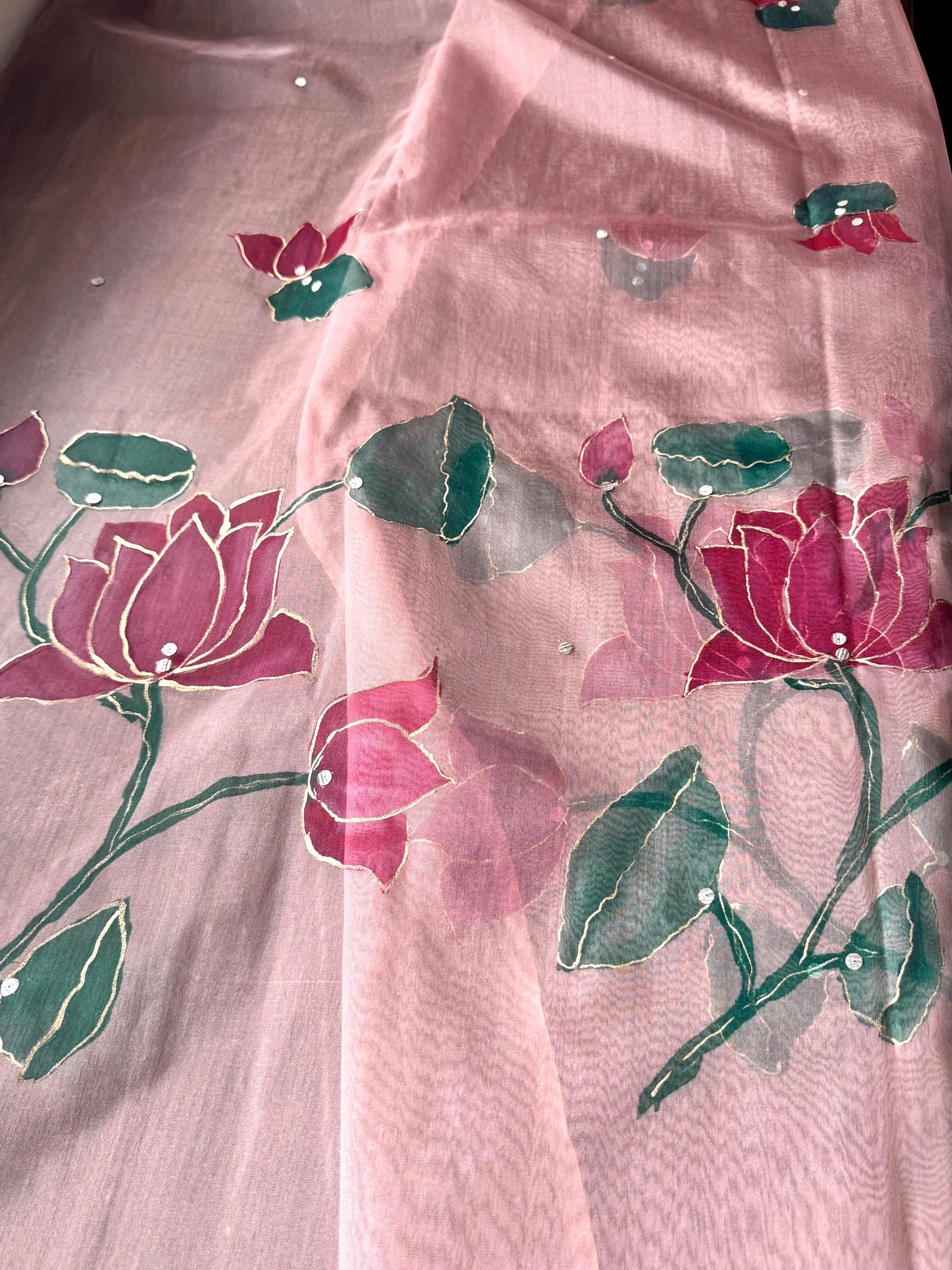 tulips on organza dupatta