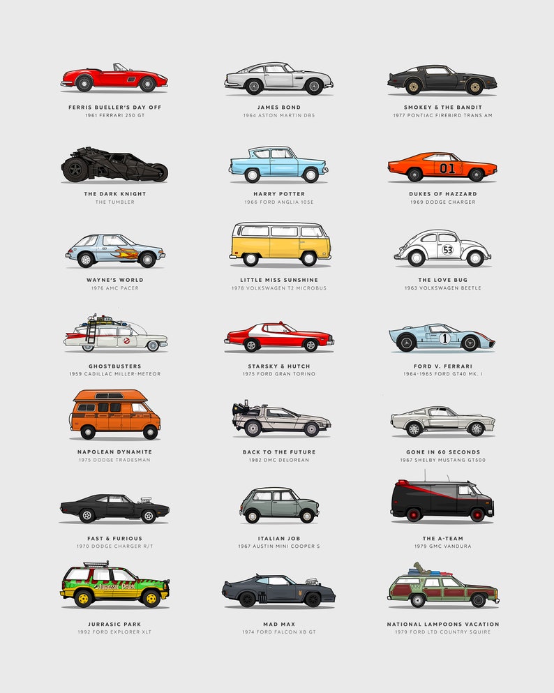 21 Famous Movie Cars, Wall art Printable, Movie Car Poster, Nursery Decor, Car Bedroom, Instant Download image 2