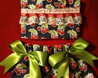 Cherry Print Dog Outfit: Lace Trim Vest and Skirt Set