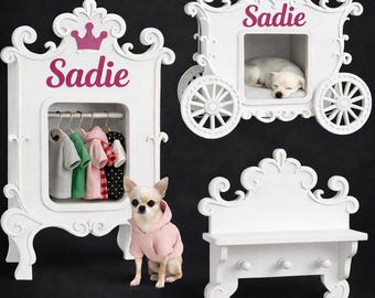 Conjunto de muebles para perros Princess: cama tipo carruaje y armario para perros (3 piezas)