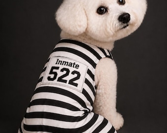 Costume di Halloween da cane prigioniero, divertente travestimento da detenuto, tutina per animali domestici con cappello,