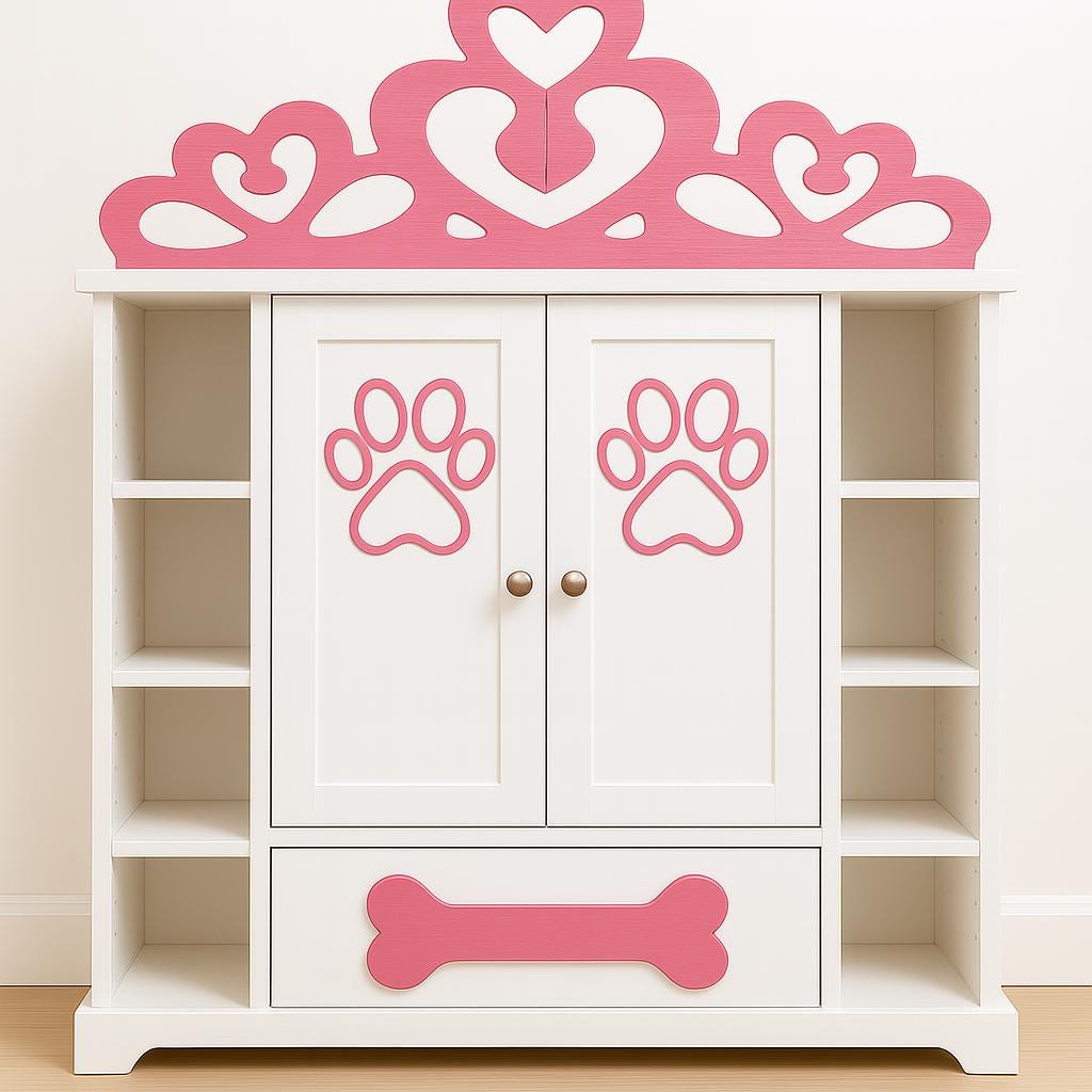 Handmade Dog Wardrobe Closet: Paw Print Doors, Crown Trim