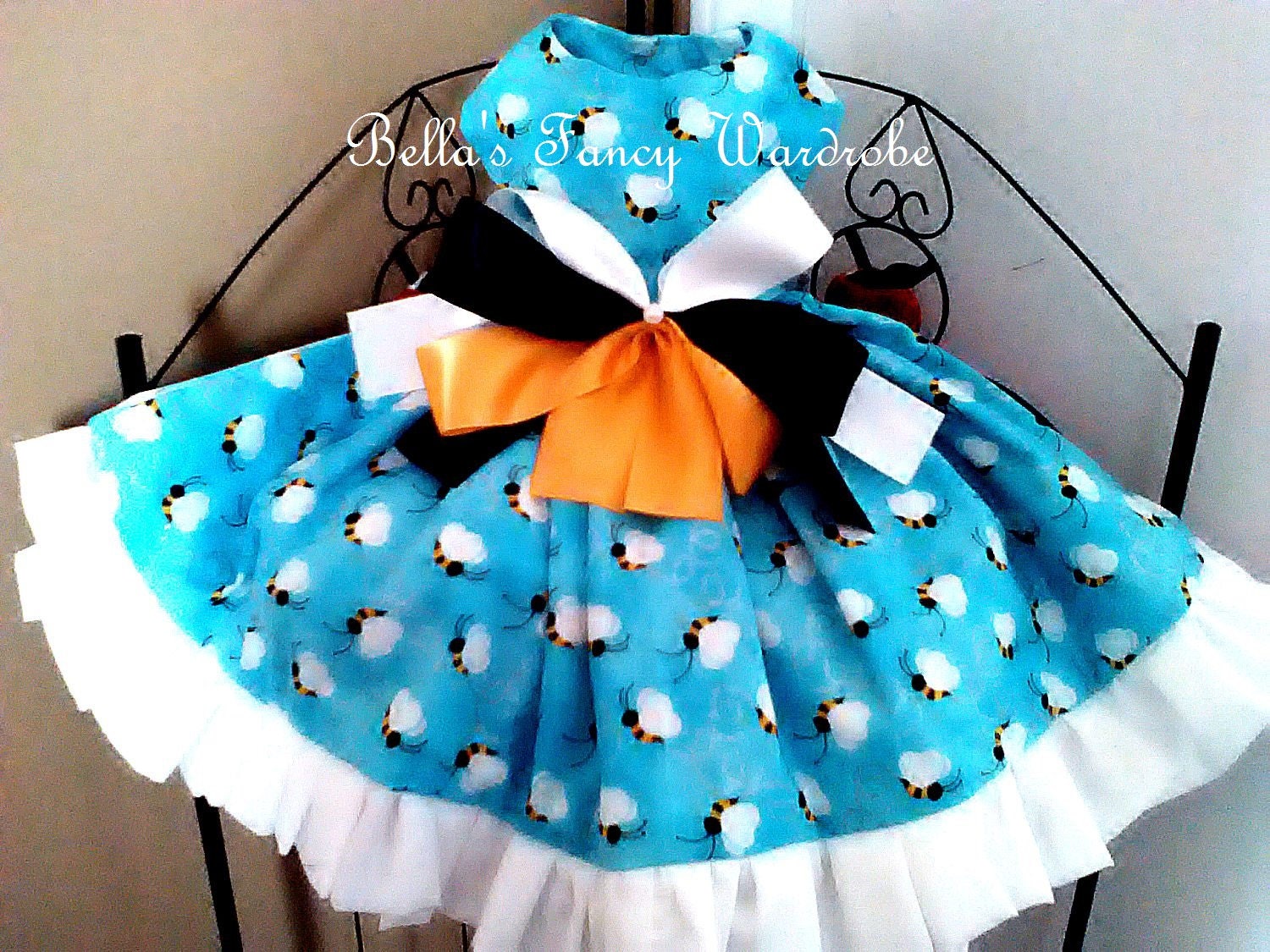 Aqua Blue Bumble Bee Doggie Dress Ruffle Tail, Satin Bow