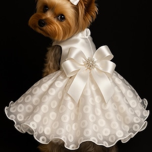 White Dog Wedding Dress with Hairbow: Custom Satin & Tulle Mesh