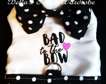 Embroidered Dog Harness Vest: Polka Dot Bow Tie, "Bad to the Bow"