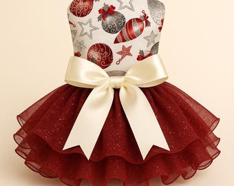 Christmas Ornament Print Dog Dress: Burgundy Red Tulle Skirt & Satin Bow