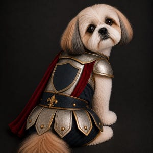 May include: A small dog with light brown and white fur wearing a suit of metallic silver armor with gold trim, a dark blue shield emblem, a gold fleur-de-lis detail, and a long deep red cape attached to the back of the armor piece.