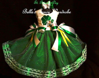 St. Patrick's Day Dog Dress: Green Shamrock Cotton Blend, Tulle Overlay