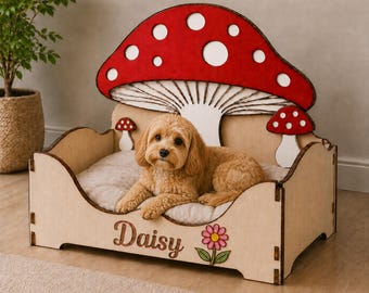 Personalized Mushroom Dog Bed – Wooden Pet Bed with Custom Name