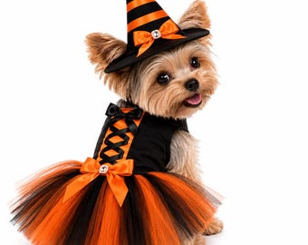 Halloween Orange Witch Dog Dress, Pet Costume Tutu Dress,