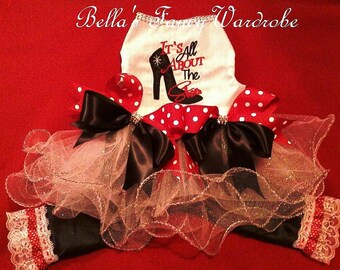 Embroidered Dog Romper: Black, White & Red Sparkly Skirt