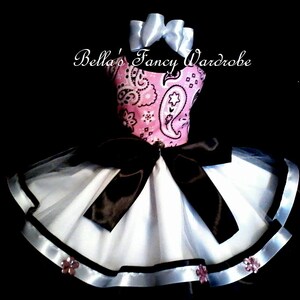 May include: A tutu dress with a pink paisley bodice, a white tulle skirt, and black satin bows. The skirt is trimmed with white satin ribbon and small pink flower accents. The text "Bella's Fancy Wardrobe" is displayed at the top.