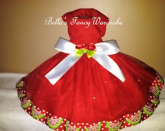 Watermelon Dog Dress: Red Tulle, White Bow, Summer Puppy Clothes