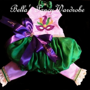 Macacão bordado para cachorro com máscara de carnaval: roupa verde e roxa para cachorro