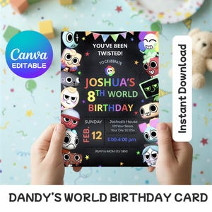 Puede incluir: Una invitación de cumpleaños negra con personajes de dibujos animados coloridos y el texto "YOU'VE BEEN TWISTED!" y "JOSHUA'S 8TH WORLD BIRTHDAY". La invitación incluye la fecha, la hora y la información de RSVP. Las palabras "Canva Editable" e "Instant Download" también son visibles.