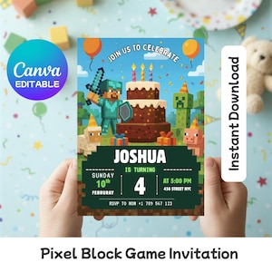 May include: A colorful birthday party invitation with a pixelated game theme. The invitation features a pixelated character holding a sword, a chocolate cake with candles, and the text "Join Us to Celebrate." The invitation is for Joshua's 4th birthday.