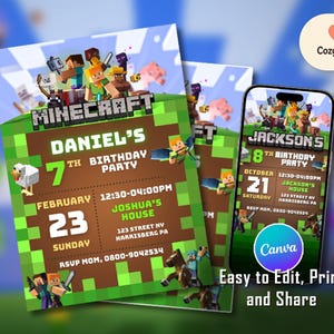 Cartão de convite de aniversário editável do Minecraft, aniversário do Minecrafter, convite digital para festa infantil, convite para gamer, Canva editável