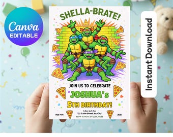 Invitación de cumpleaños editable de las Tortugas Ninja, invitación para fiesta de karate infantil de Shella Brate, plantilla imprimible de Canva