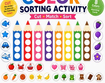 Color Sorting Activity Printable | Preschool Color Matching Game | Cut and Match Learning Activity | Fine Motor Skills Toddler Busy Book
