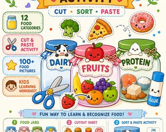 Food Sorting Activity, Food Category Sorting, Cut and Paste Worksheet, Preschool Printable, Kindergarten Learning Activity
