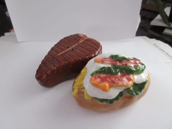 T Bone Steak and Loaded Baked Potato Salt and Pepper Shakers - vintage, Collectible Food