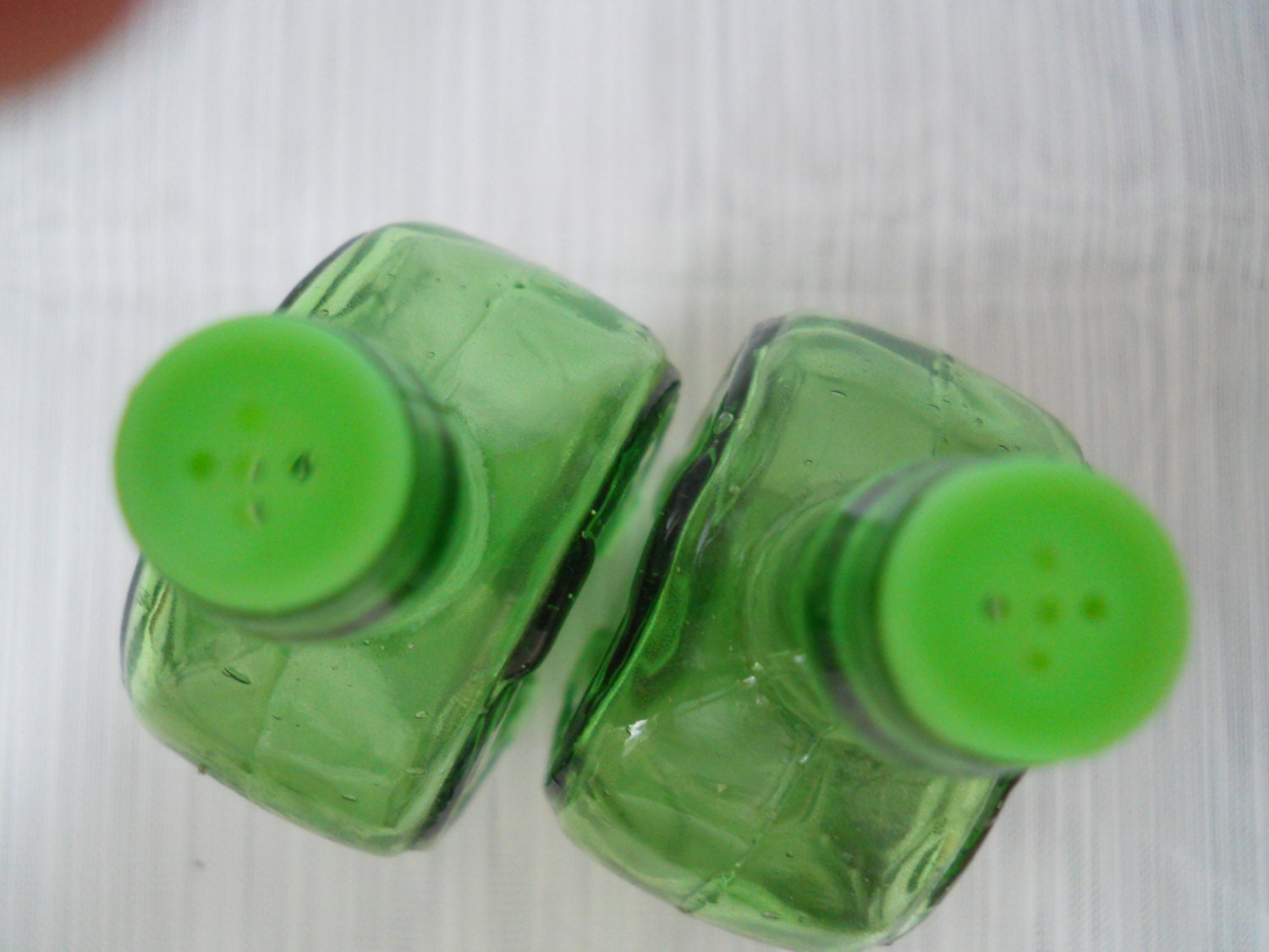 Green Bottle Salt and Pepper Shakers Vintage, collectible, glass