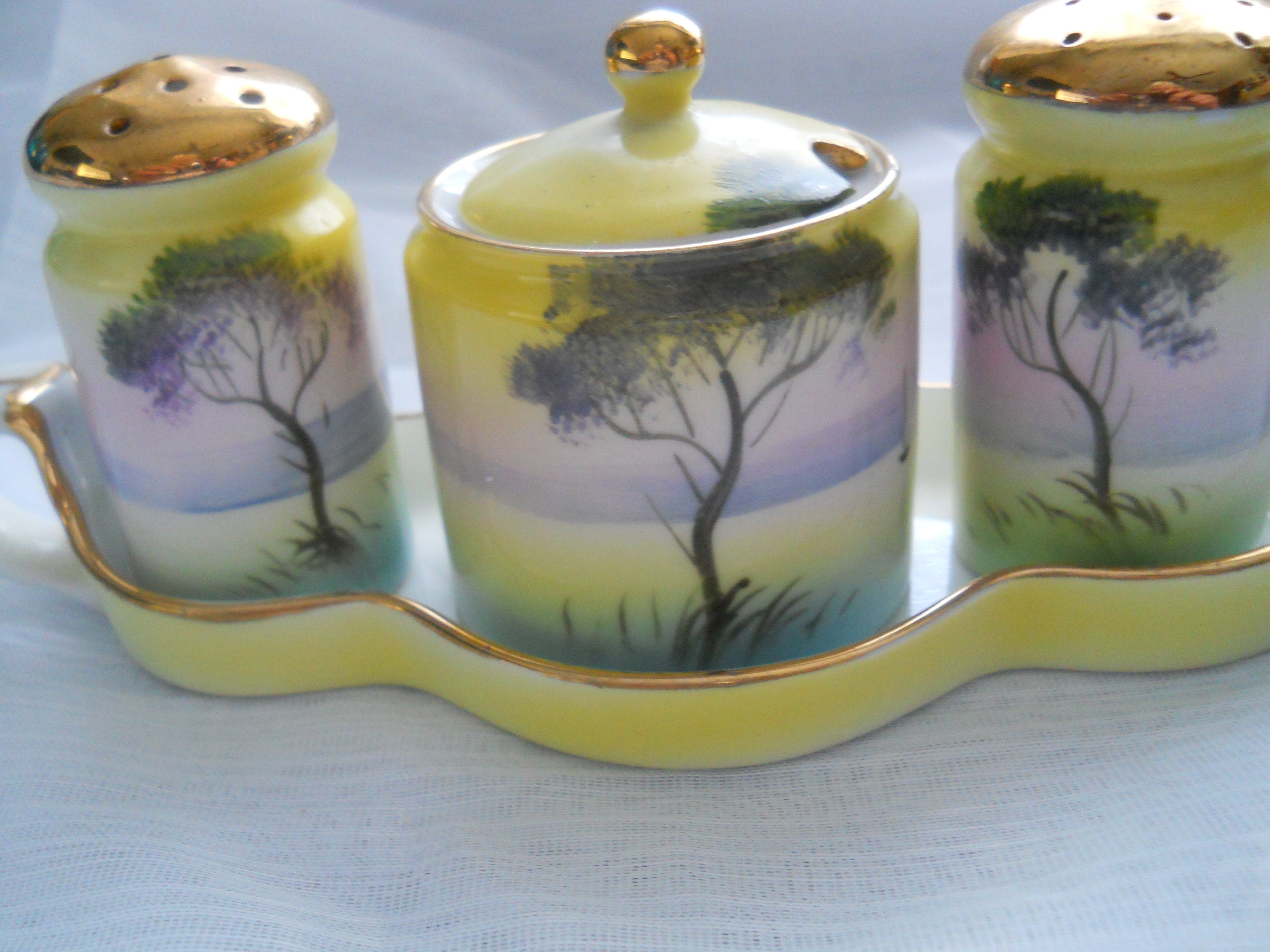 Noritake Salt and Pepper Shakers with Jam Jar and Tray vintage