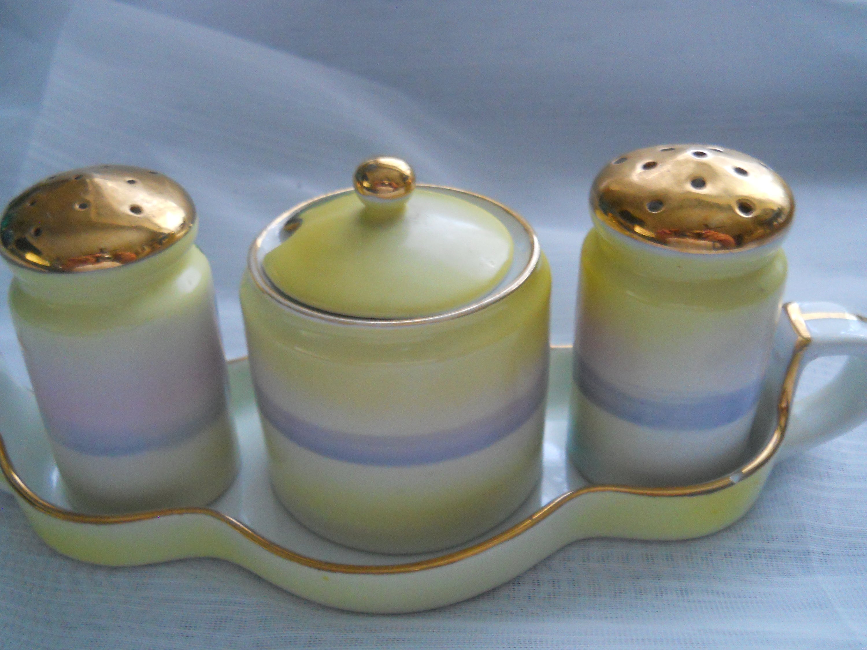 Noritake Salt and Pepper Shakers with Jam Jar and Tray vintage, collectible, Japan