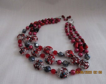 Red Beaded Necklace, three strand