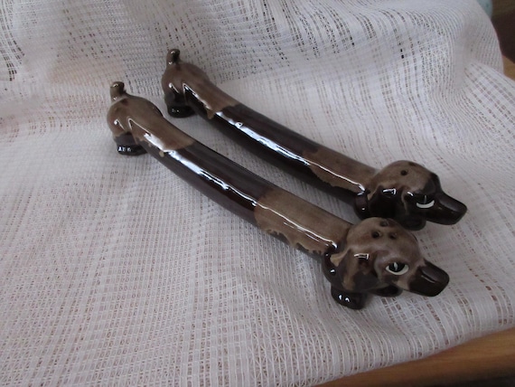 Redware Long Dachshund Salt and Pepper Shakers - vintage, Japan, animals, collectible