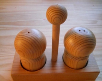Wood Three Piece Salt and Pepper Shakers with Caddy - Vintage, Collectible