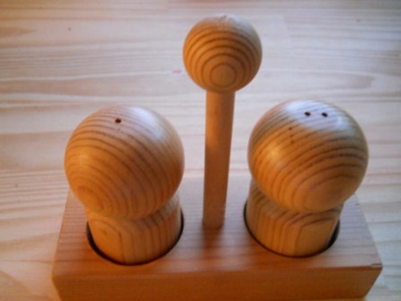 Wood Three Piece Salt and Pepper Shakers with Caddy Vintage, Collectible image 1