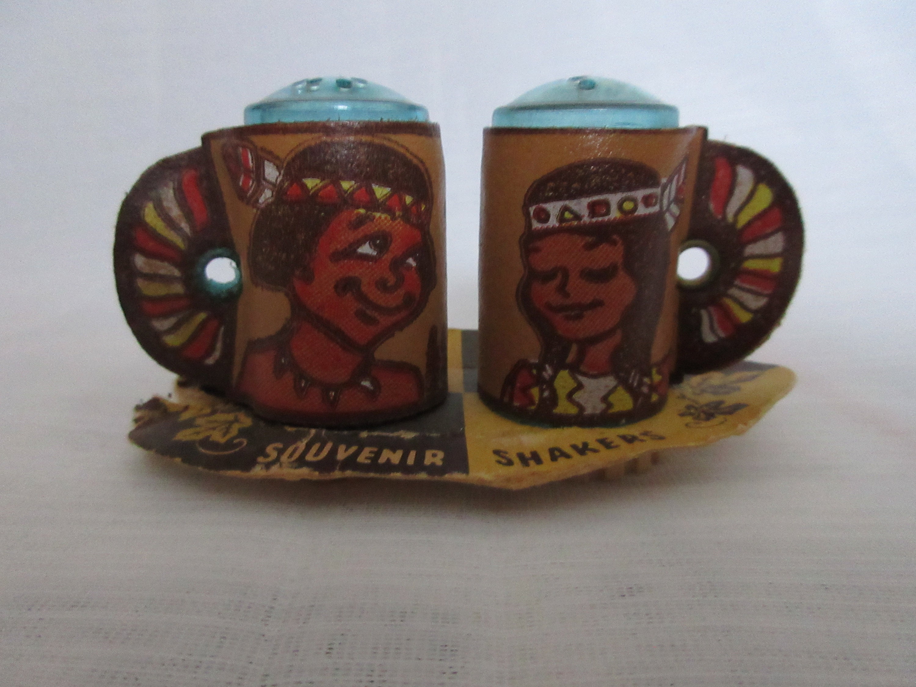 Leather Covered Indian Salt and Pepper Shakers vintage, collectible