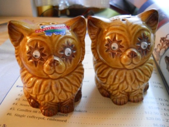 Bead Eyed Cats Salt and Pepper Shakers - Vintage, Collectible