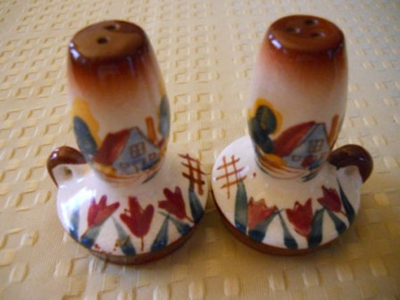 Handpainted Oil Lantern Figural Salt Pepper Shakers House Tulips - Vintage, Collectible