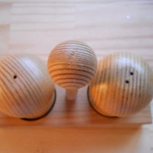 Wood Three Piece Salt and Pepper Shakers with Caddy Vintage, Collectible image 3