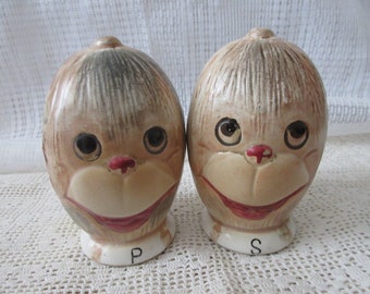 Kenmar Coconut Head Monkey Salt and Pepper Shakers - vintage, collectible, souvenir, Japan, RARE