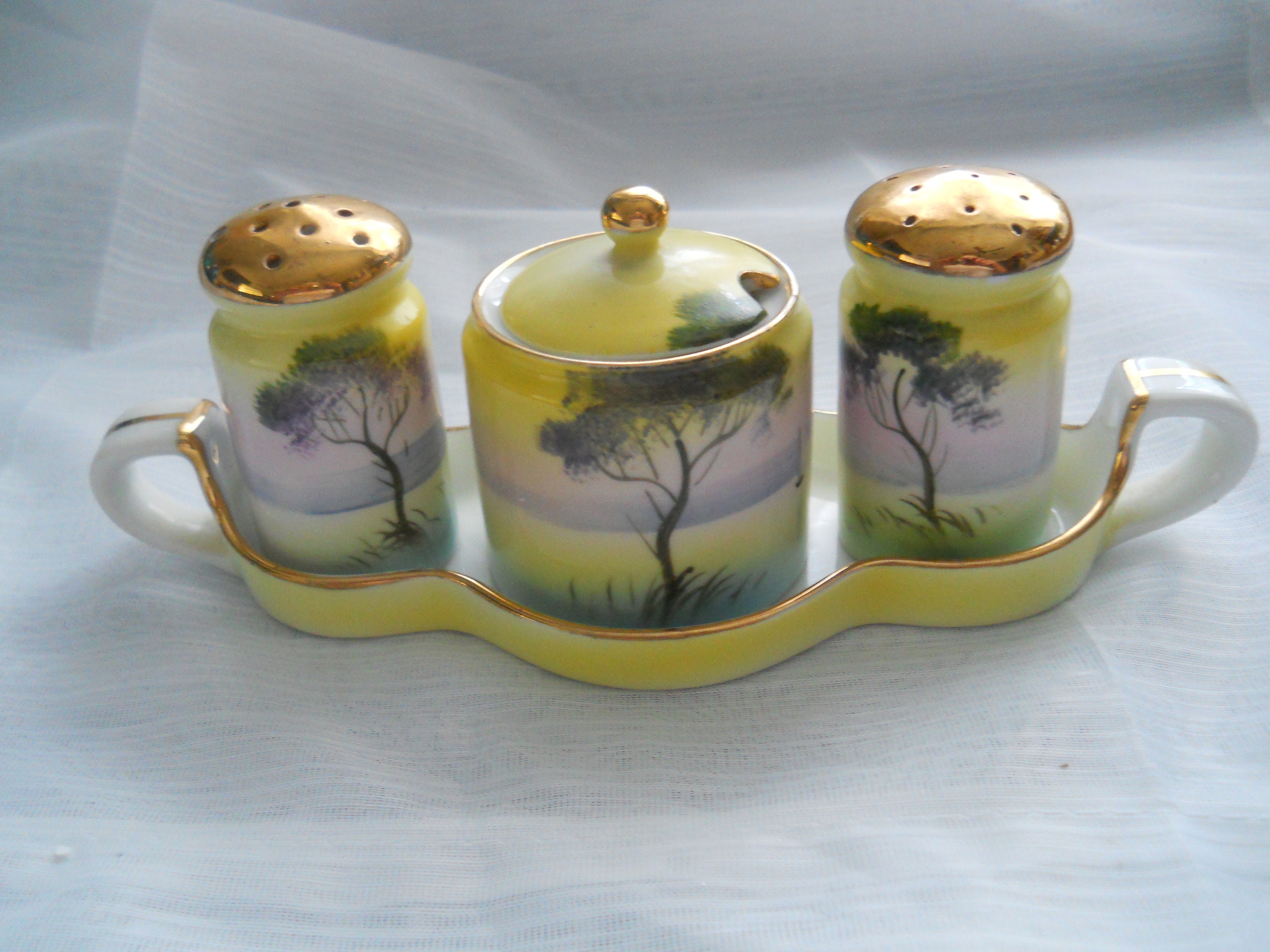 Noritake Salt and Pepper Shakers with Jam Jar and Tray vintage, collectible, Japan