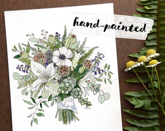 Handpainted Custom Bridal Bouquet Watercolor Painting - Wedding anniversary gift, Botanical