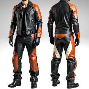 Handmade Leather Biker Set | Men’s Black Brown Jacket & Pants | Gothic Streetwear Suit Festival Outfit | Cowhide Leather