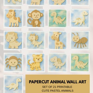 Papercut Tier Wand Kunst - Set von 21 niedlichen Pastell druckbare Clipart | Kinderzimmer, Safari, Dino, Dschungel-Thema | HD + Transparente Dateien