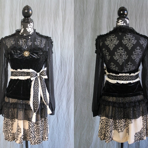 ONE OF A KIND upcycled romantic black and cream sheer velvet dress with big bow SiZE S