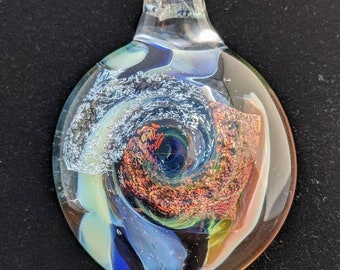 Vortex Spiral two tone dichroic pendant. Copper yellow  and sea blue